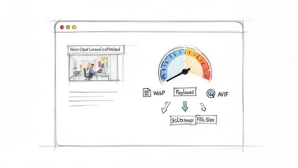 A sketch illustrating image optimization, showing WebP and AVIF formats reducing file size and improving performance.