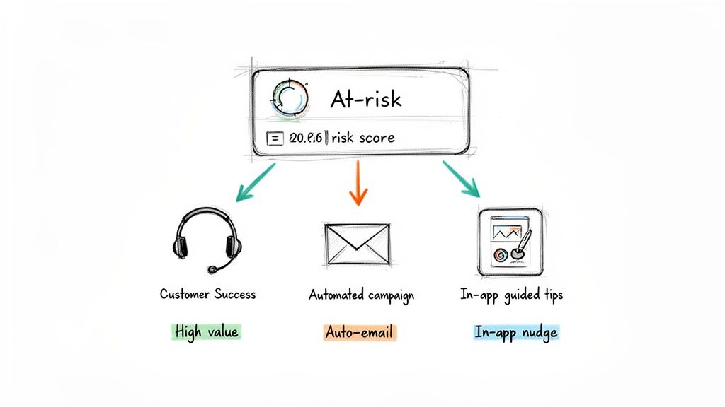 Diagram showing an 'At-risk' customer with a risk score, leading to customer success, automated email campaigns, and in-app nudges.