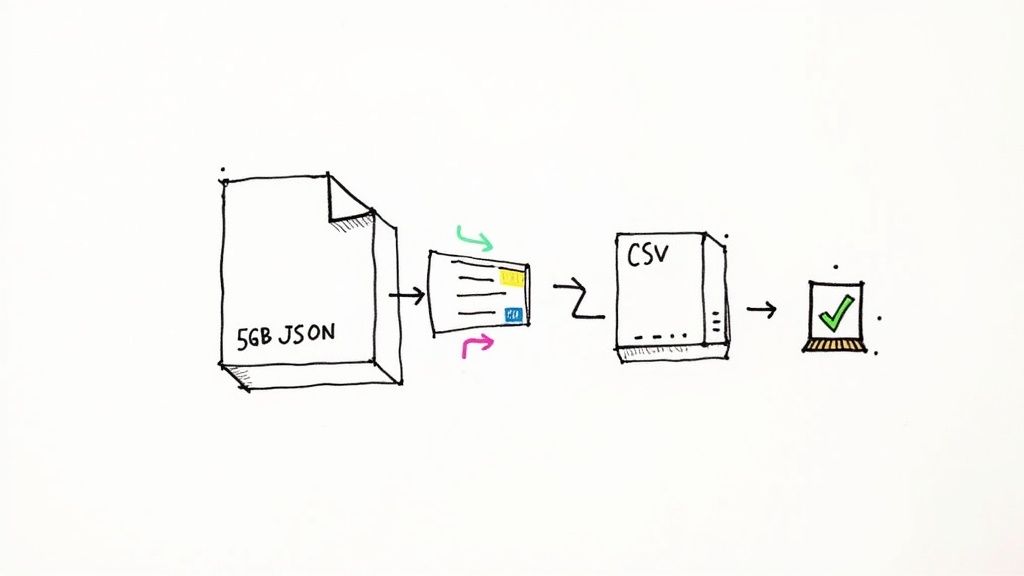 A diagram illustrating the conversion of a 5GB JSON file into a CSV file, with an arrow leading to a success icon.