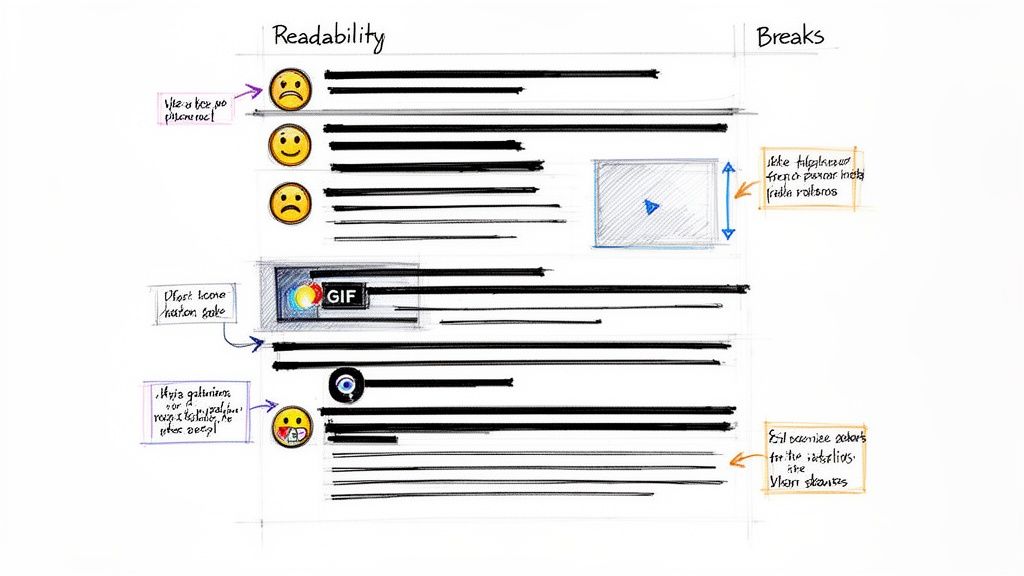 Hand-drawn UI/UX sketch evaluating content readability and layout efficiency with visual feedback.