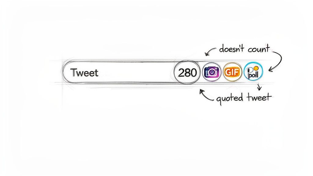A hand-drawn sketch illustrating a Twitter tweet box with a 280 character limit and media options.