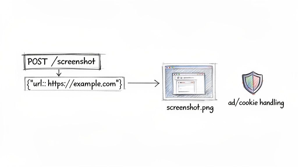 Diagram shows a 'POST /screenshot' API call with a URL input, generating a website screenshot (screenshot.png) with ad/cookie handling.