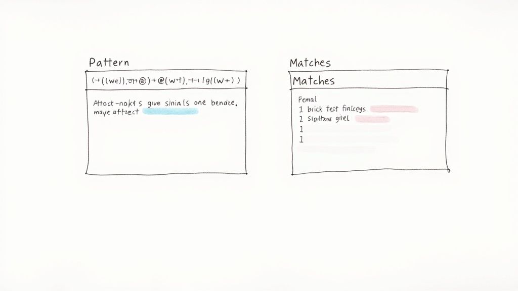 A whiteboard displays a complex regular expression pattern and its corresponding highlighted text matches.