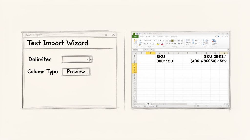 A sketch shows a Text Import Wizard window next to an Excel spreadsheet displaying SKU data.