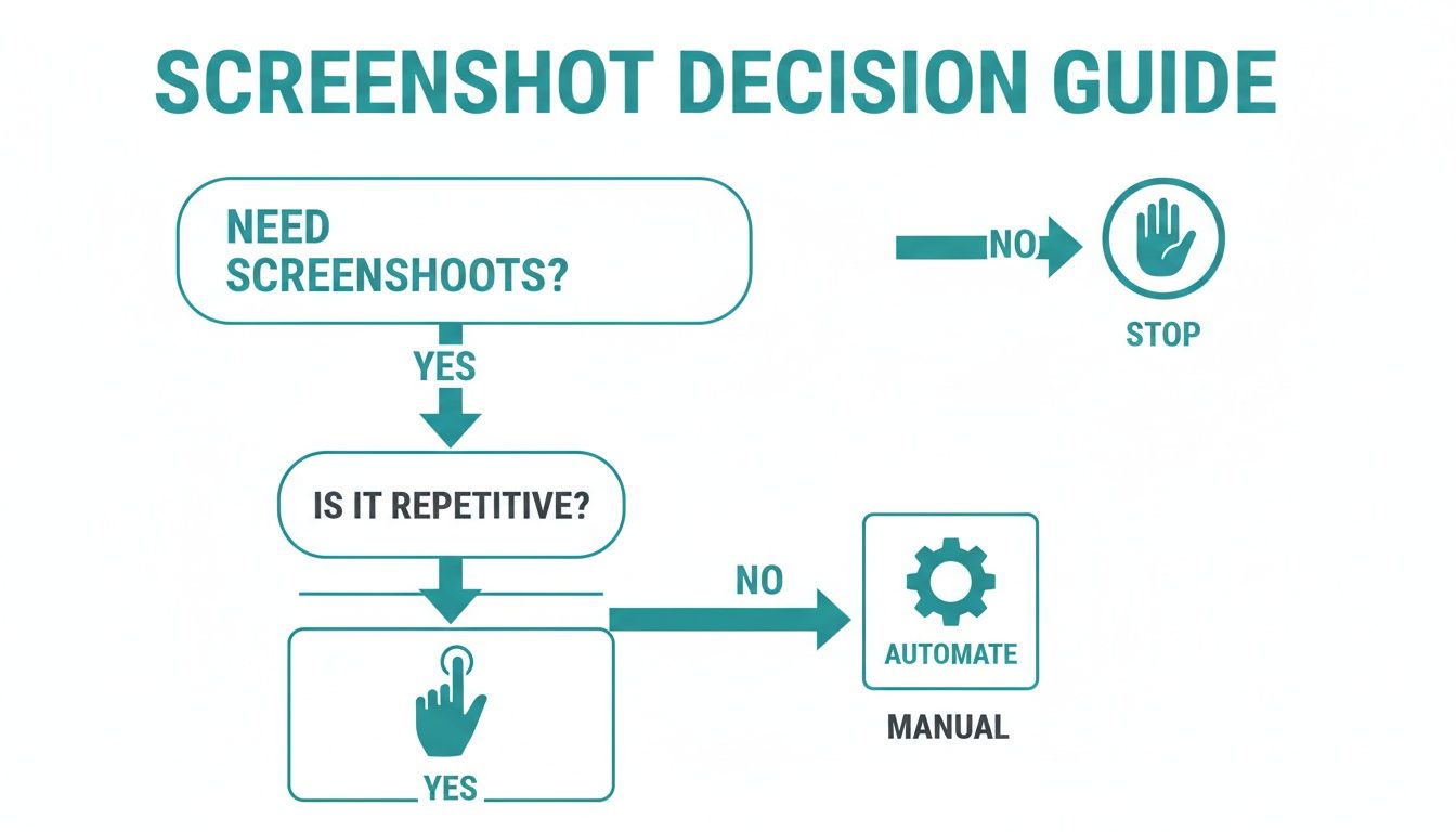 Flowchart outlining decisions for screenshots: stop, automate if not repetitive, or manual if repetitive.