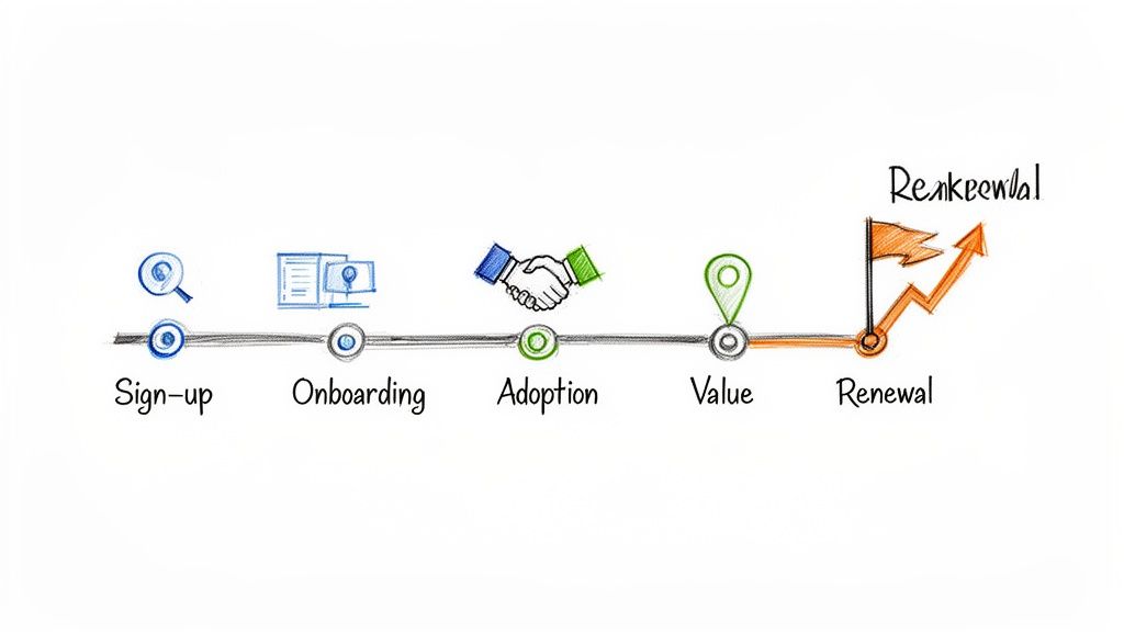 A customer success lifecycle diagram illustrating stages like Sign-up, Onboarding, Adoption, Value, and Renewal.