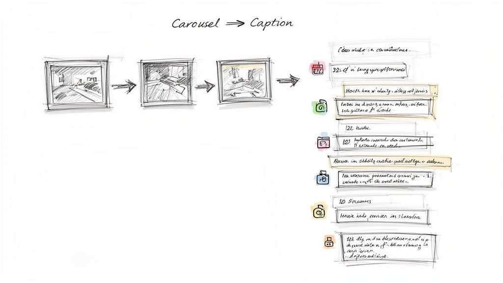Hand-drawn diagram illustrating content repurposing: a visual carousel transforming into structured textual captions with icons.