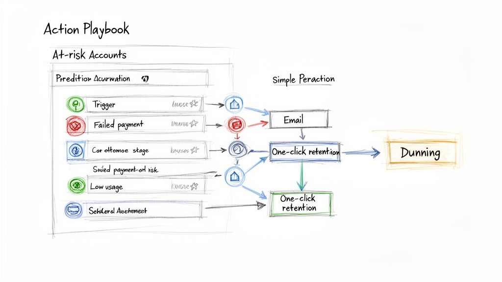 Flowchart illustrating an action playbook for managing and retaining at-risk customer accounts.