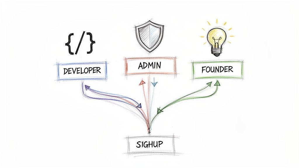 Hand-drawn diagram illustrates Developer, Admin, Founder roles and their paths converging to a signup.