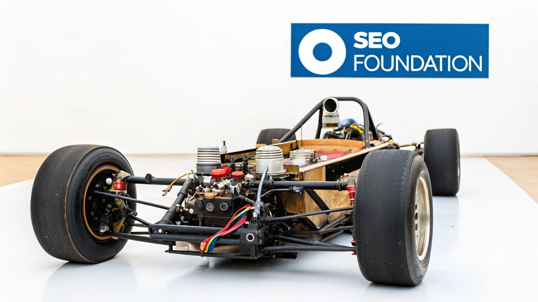 A detailed display of a vintage formula racing car's engine and chassis with an SEO FOUNDATION banner.