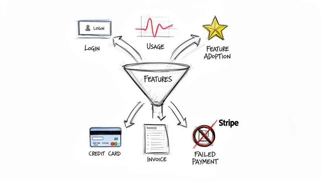 A funnel diagram illustrating product features influenced by user login, usage, and adoption, leading to payment outcomes.