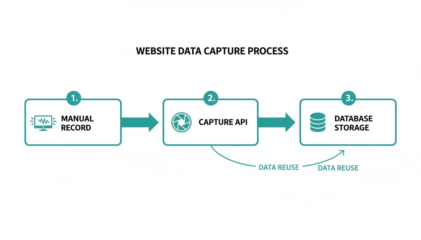 A diagram illustrating the website data capture process, showing manual record, capture API, and database storage with data reuse.