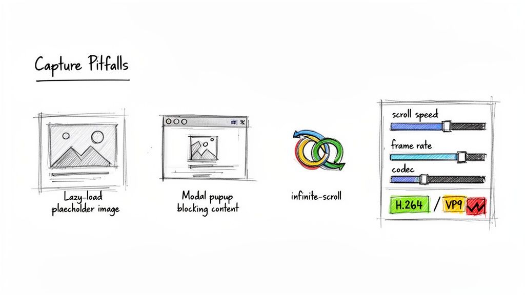 Sketches illustrate common pitfalls when capturing web content, like lazy loading, modal popups, infinite scroll, and video codec settings.
