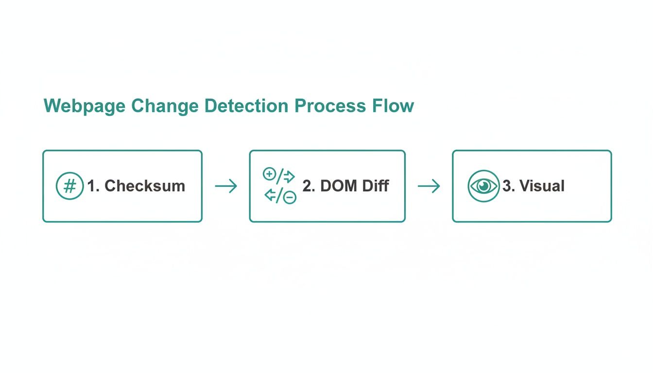 Flowchart detailing the three steps of webpage change detection: Checksum, DOM Diff, and Visual analysis.