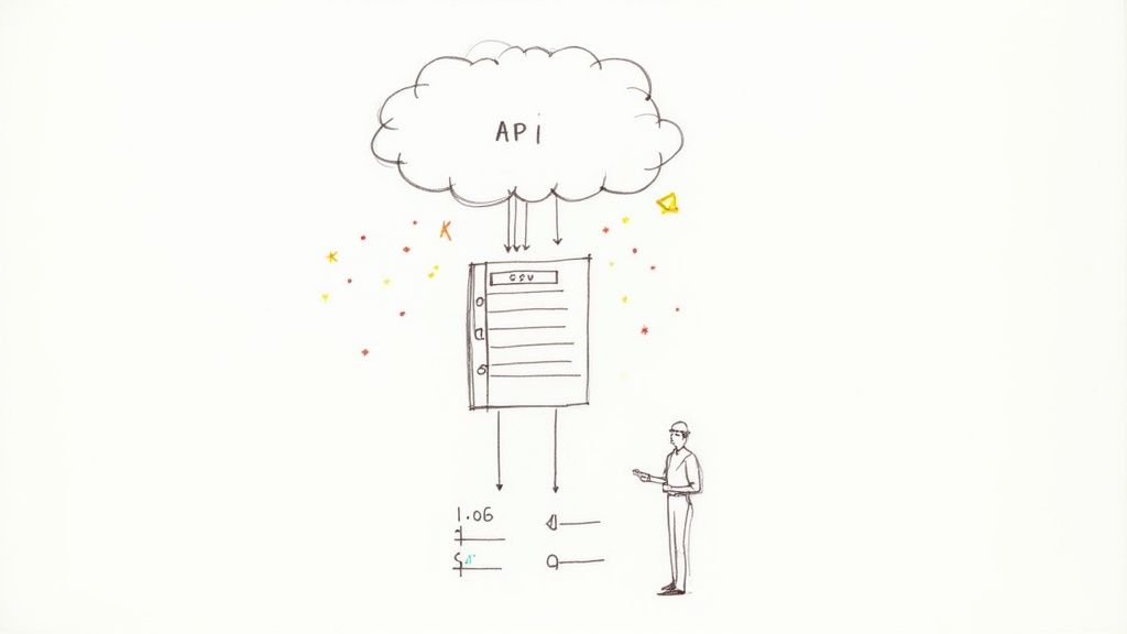 Diagram showing an API cloud providing data to a CSV document, which then outputs processed data to a user.