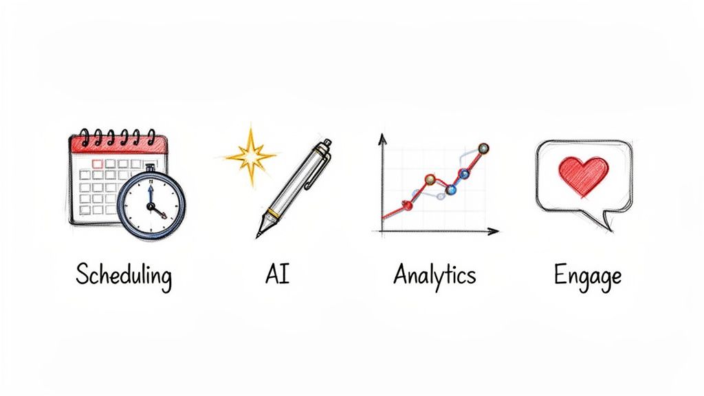 Four icons representing a tool's features: scheduling, AI, analytics, and engagement for effective management.