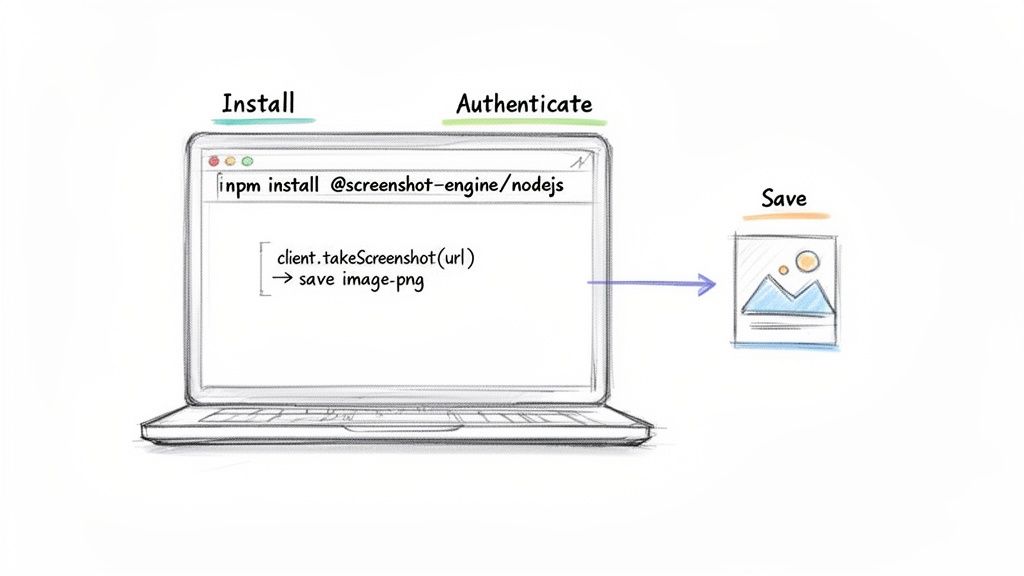 Diagram illustrating the process of installing a Node.js screenshot SDK and saving an image.