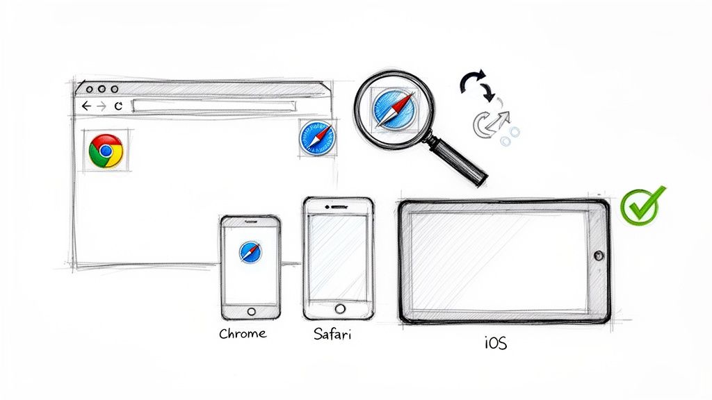 A sketch showing Chrome and Safari browsers on desktop and mobile devices, representing cross-browser testing and compatibility.