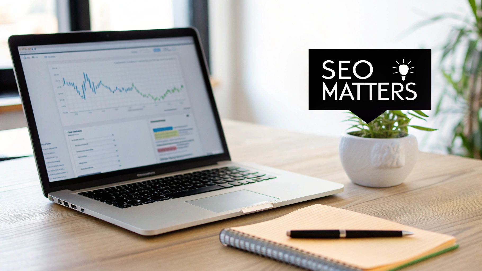 A laptop displays a fluctuating graph, alongside a potted plant with an 'SEO MATTERS' speech bubble and a notebook on a wooden desk.