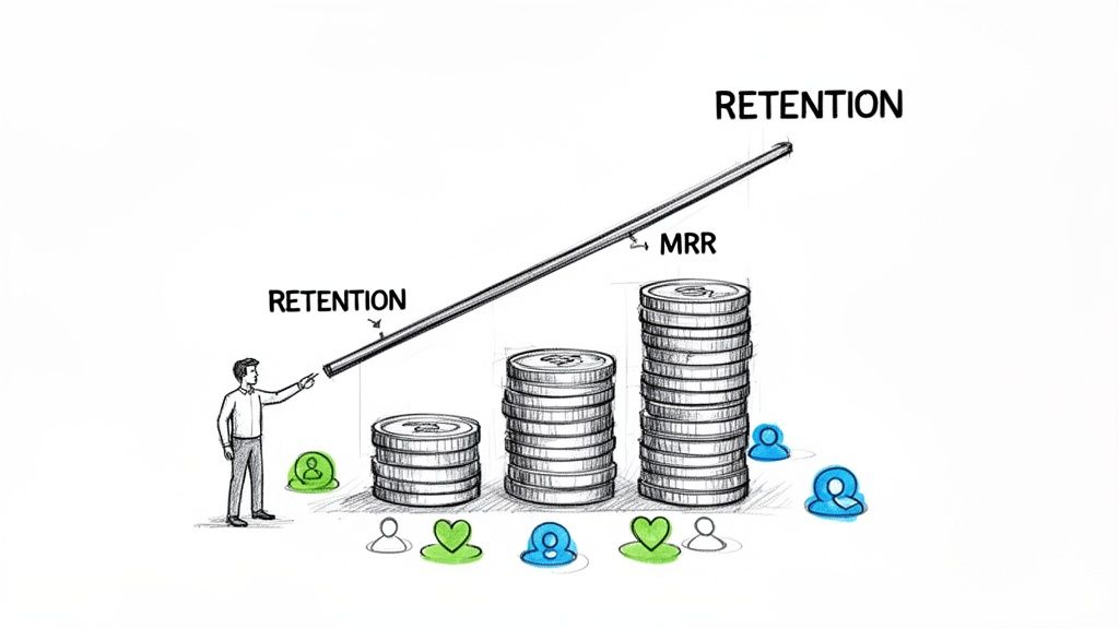 Illustration showing retention driving monthly recurring revenue (MRR) with increasing stacks of coins and customer icons.