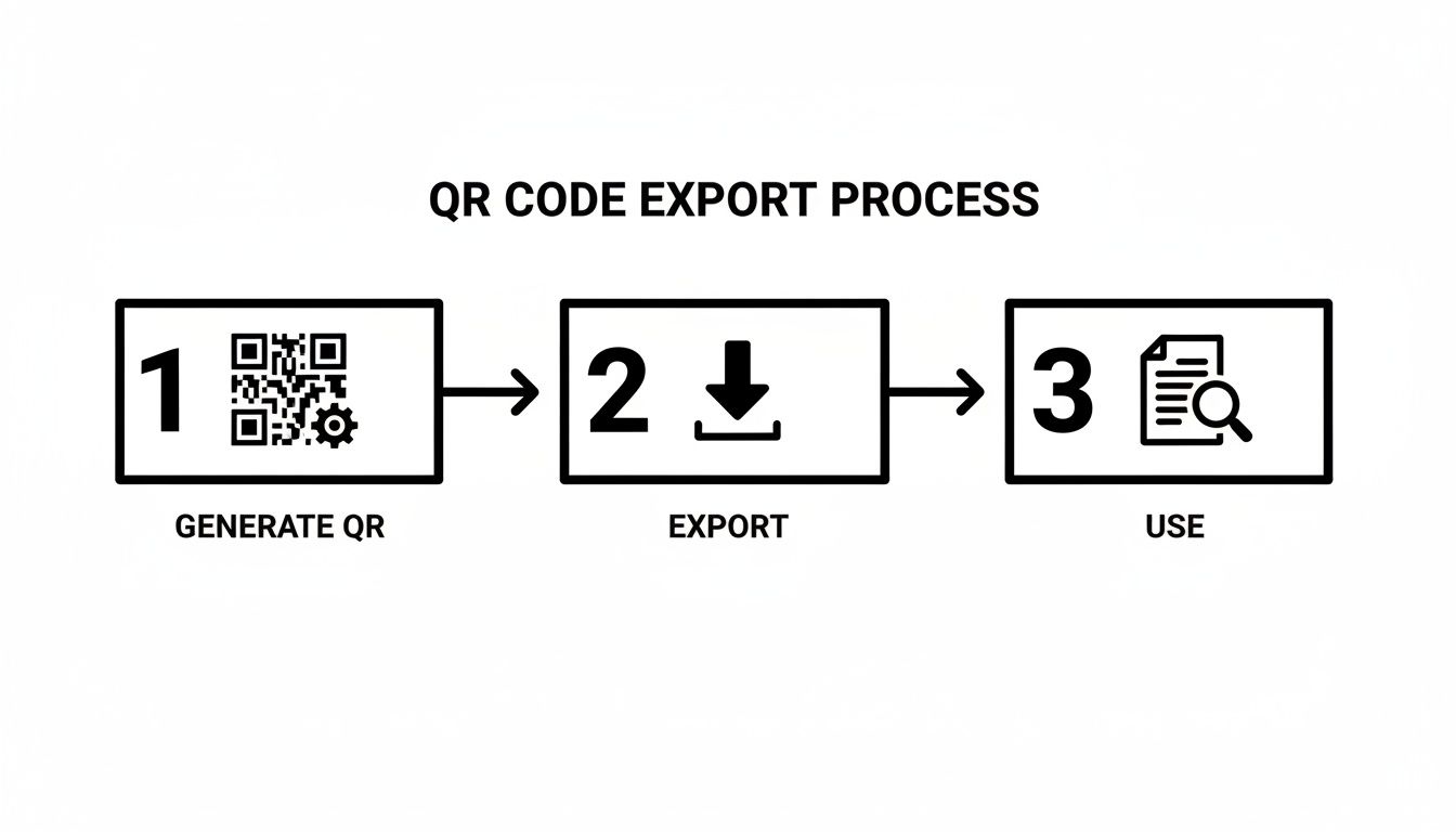 A diagram illustrates the three-step QR code export process: generate, export, and use.
