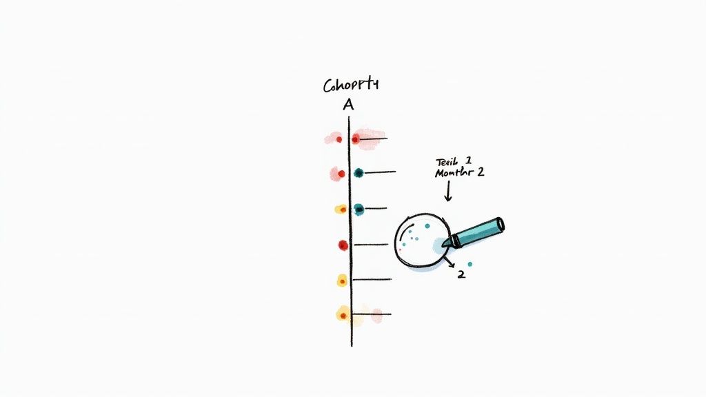 Hand-drawn diagram of colored data points on a vertical axis, with a magnifying glass inspecting details.