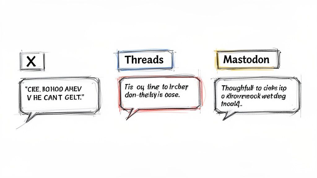 Hand-drawn sketch comparing Threads, Mastodon, and an X with garbled text in speech bubbles.