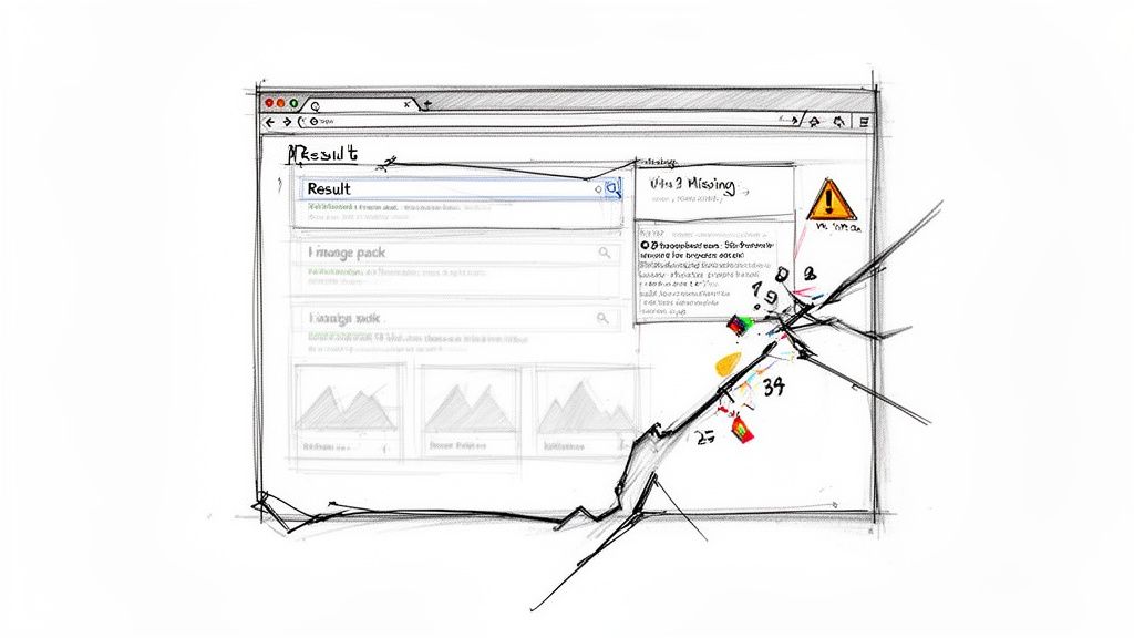 A hand-drawn sketch of a shattered web browser displaying search results and a 'U/3 Missing' error.