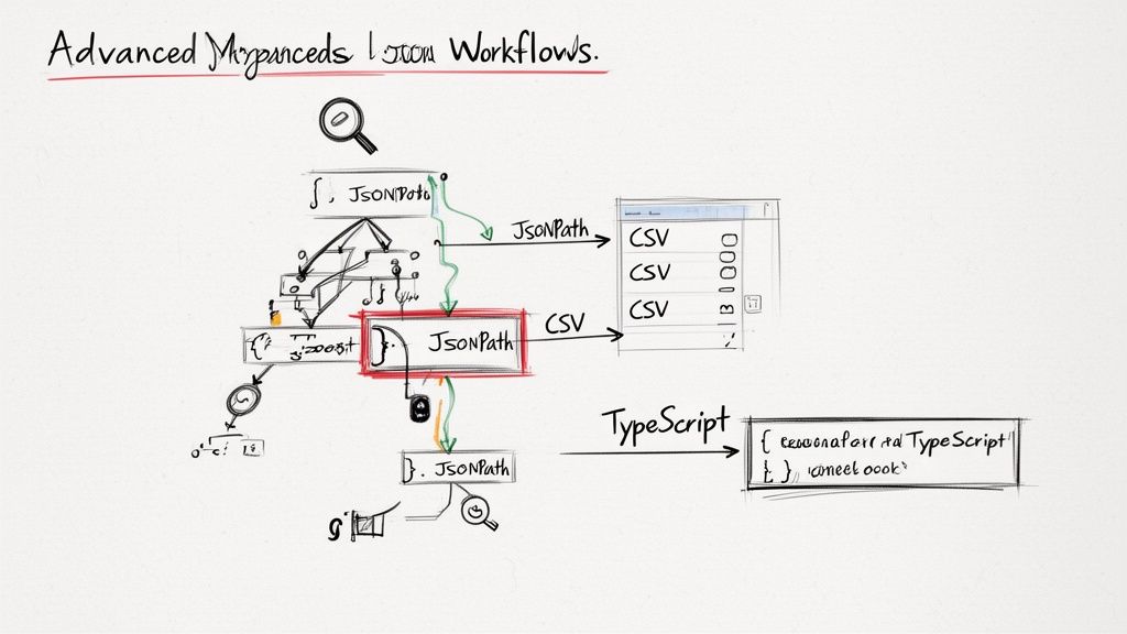 A detailed handwritten diagram illustrating advanced data processing workflows with JSONPath, CSV, and TypeScript transformations.