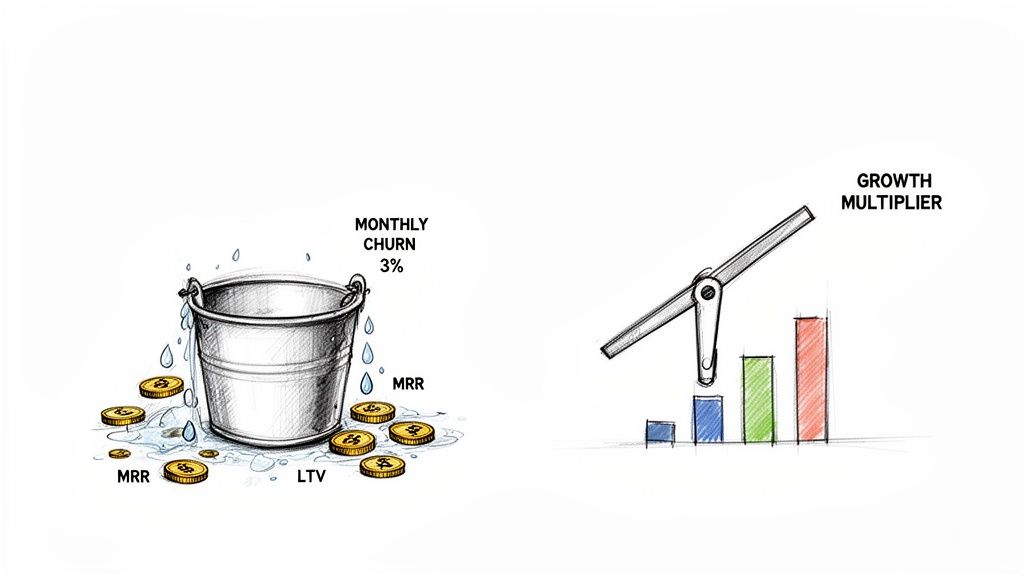 Visual metaphor: A leaky bucket losing MRR due to 3% monthly churn and a growth multiplier increasing a bar chart.