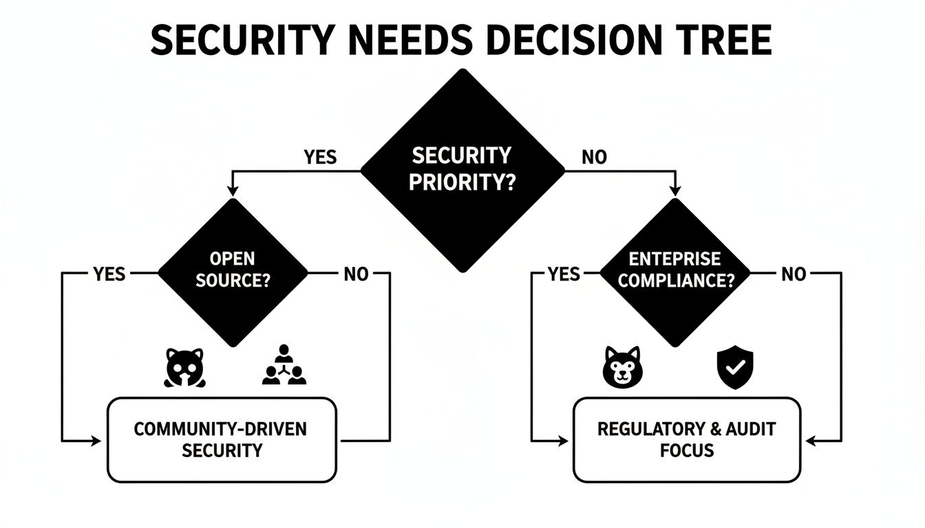 A security needs decision tree flowchart guiding choices based on priority, open source, and enterprise compliance.