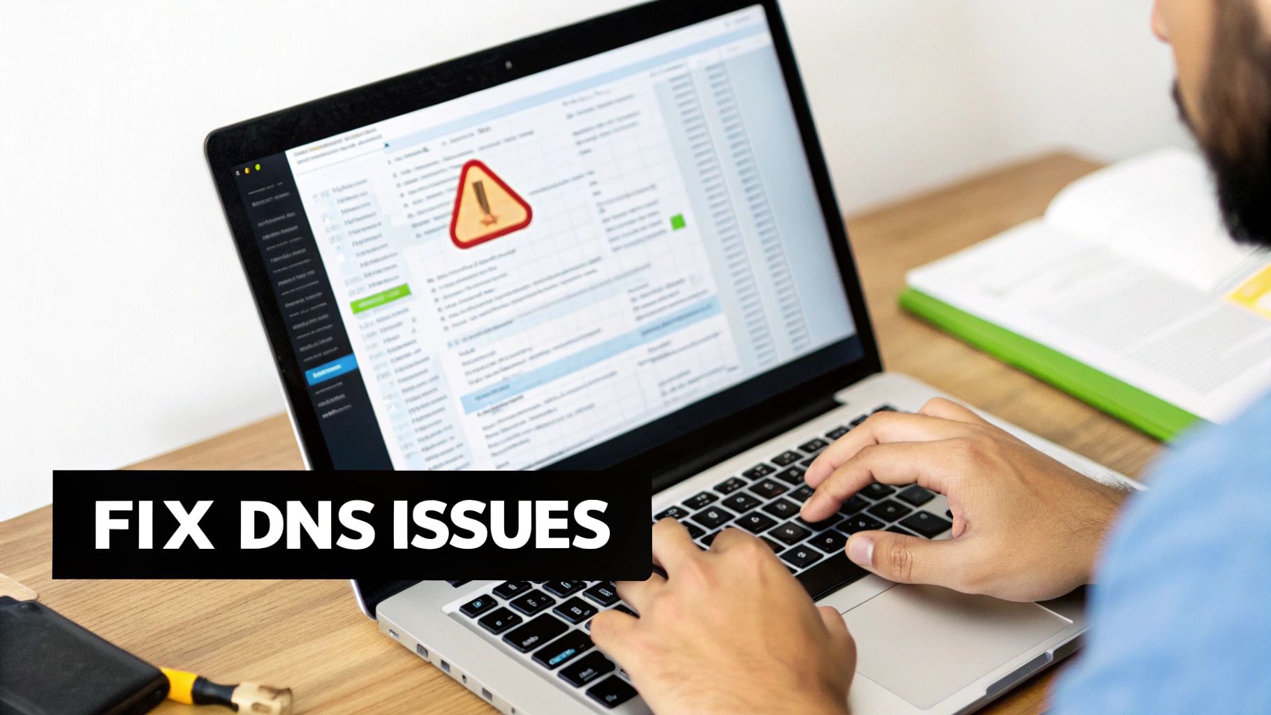 Hands typing on a laptop screen displaying a DNS error warning, with text 'FIX DNS ISSUES'.