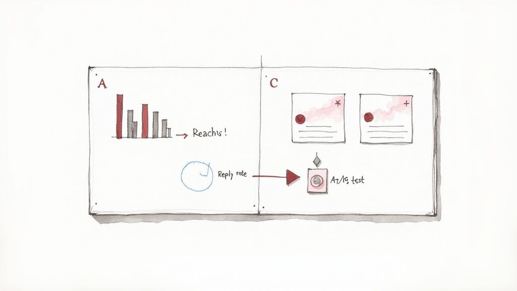 Hand-drawn diagram showing social media metrics like reach and reply rate, leading to an A/B test.