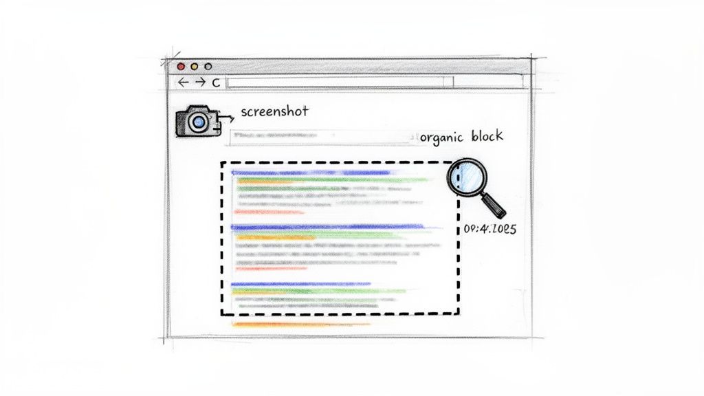 Sketch of a browser window displaying organic search results with a screenshot camera and magnifying glass.