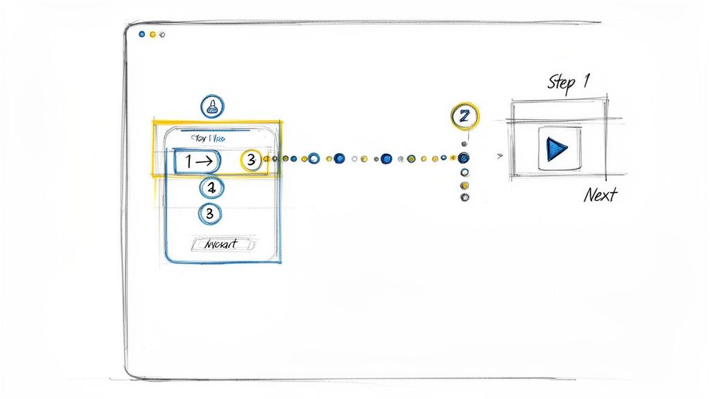 Hand-drawn sketch illustrating a multi-step user interface flow with progress indicators and video content.