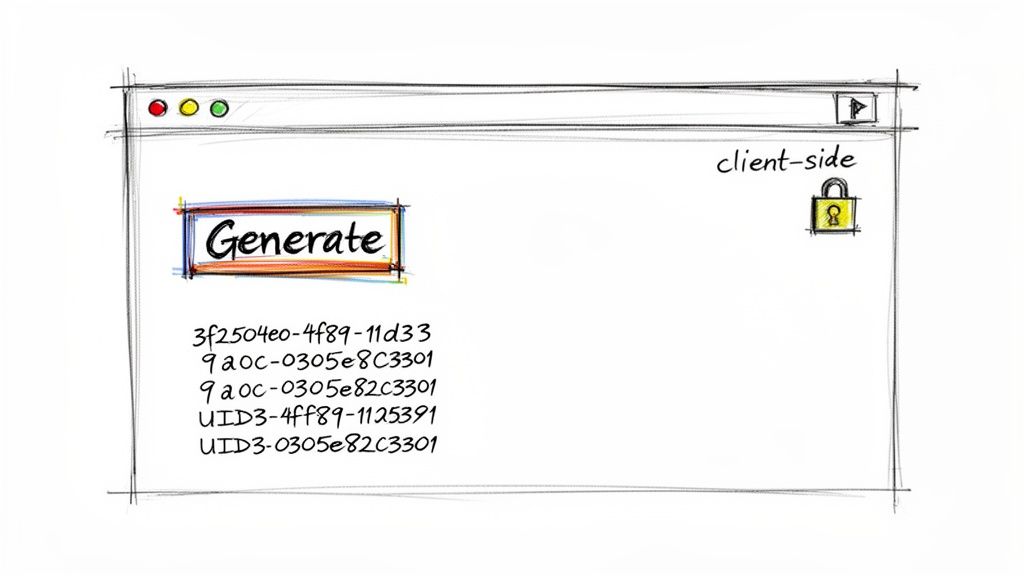 A hand-drawn browser interface showing a 'Generate' button, client-side security icon, and generated unique identifiers.