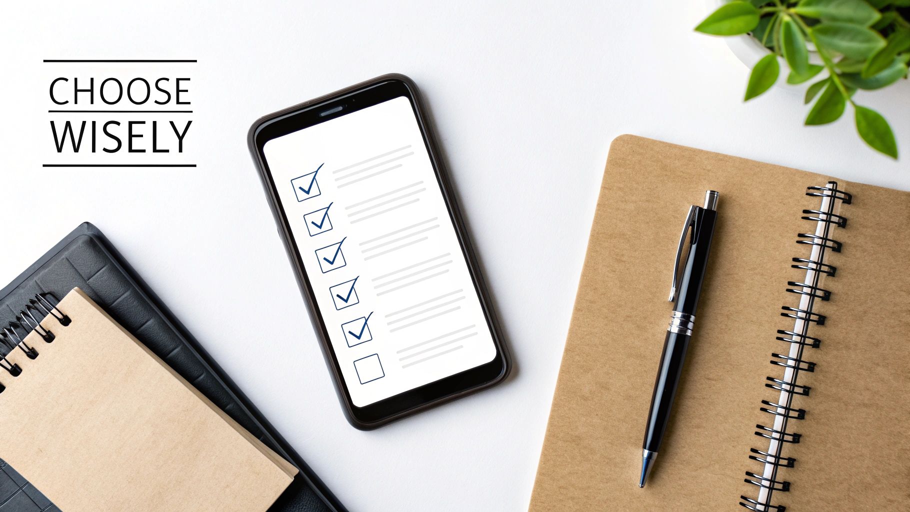 Desk flat lay: smartphone with a checklist, notebooks, a pen, and a plant. Text reads 'CHOOSE WISELY'.