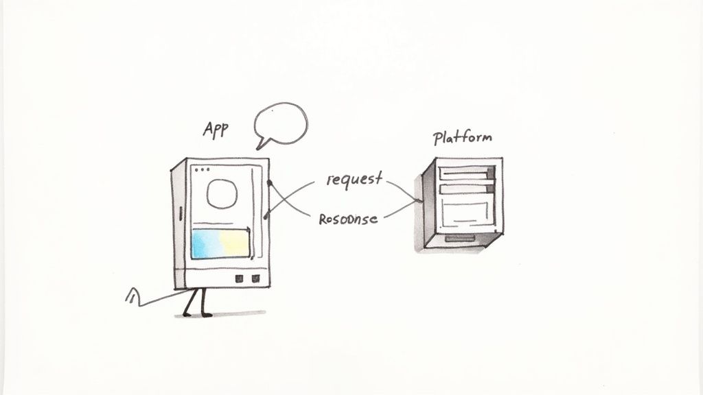 Hand-drawn sketch illustrating an App making a request to a Platform and receiving a response.