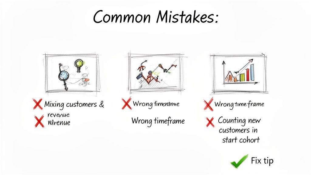An illustration outlining common business analysis mistakes with examples like mixing customers and revenue.