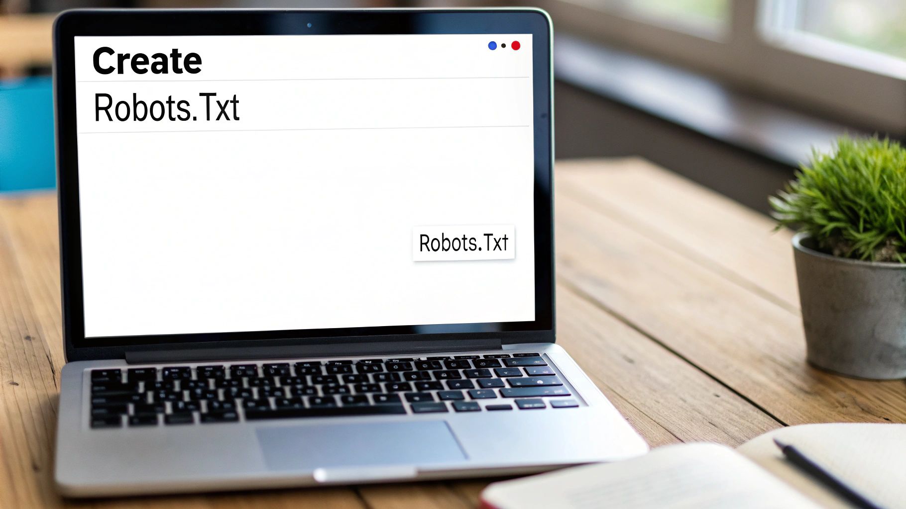 A laptop displaying 'Create Robots.Txt' on its screen sits on a wooden desk with a plant.