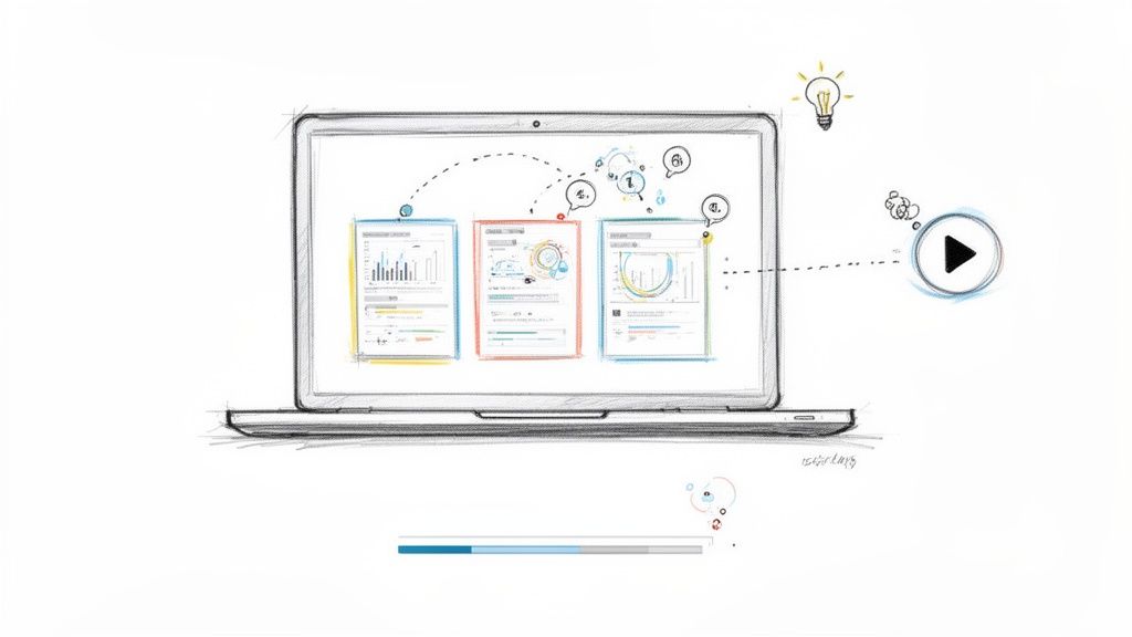 Hand-drawn sketch of a laptop showing data analysis, charts, and a workflow with ideation and video playback.