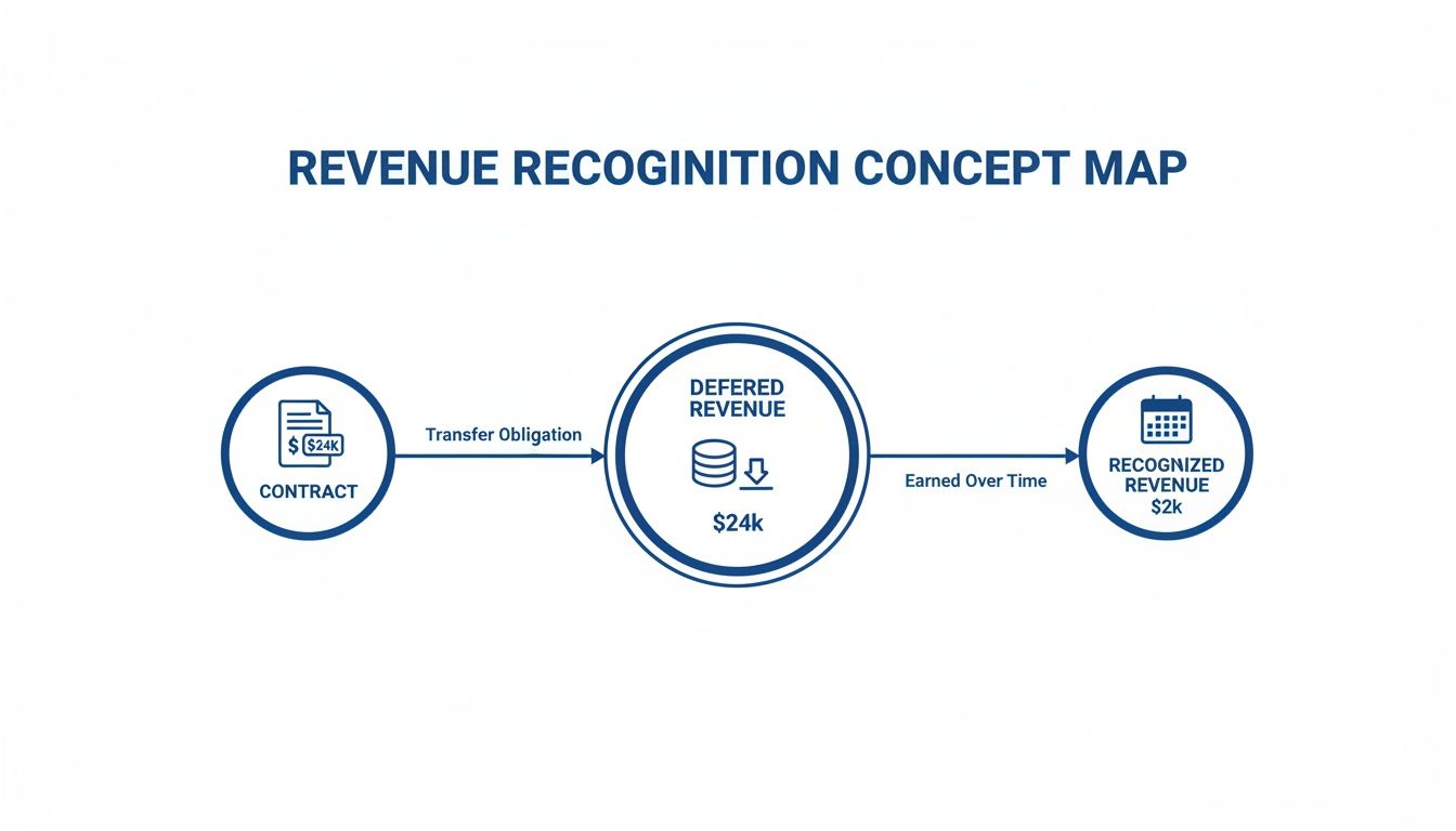 A concept map illustrating the revenue recognition process from contract to deferred and recognized revenue.