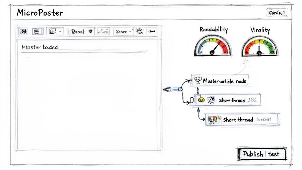 A sketch of a MicroPoster application UI with text editor, readability/virality gauges, and article/thread nodes.