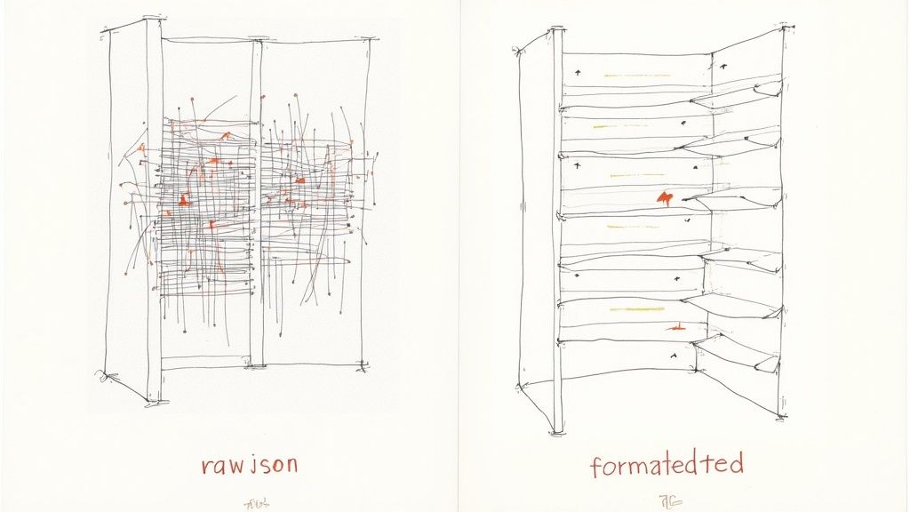 Two abstract drawings illustrate raw, messy data versus clean, formatted data in shelving units.