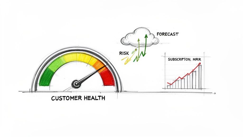 Hand-drawn dashboard showing poor customer health, business risk, positive forecast, and rising subscription MRR.