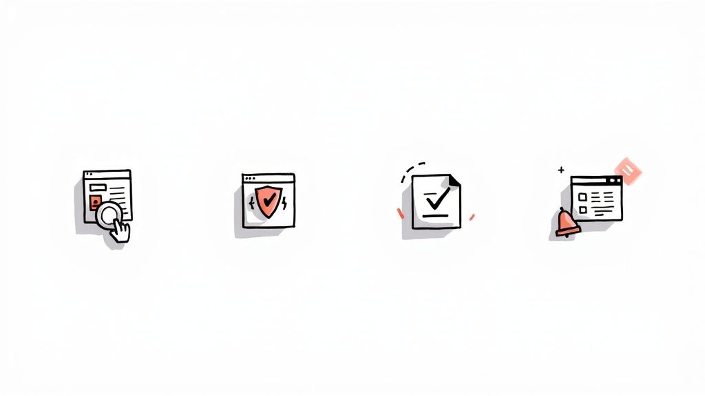 Four doodle icons illustrating webpage monitoring, security, document verification, and notifications on a white background.