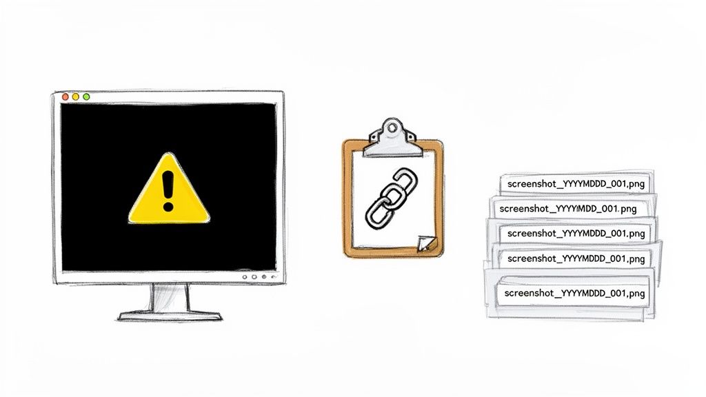 Illustration of a computer error, a clipboard link, and multiple screenshot files.