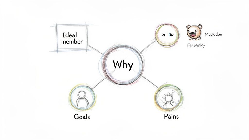 A mind map illustrating 'Why' at the center, connecting to 'Ideal member', 'Goals', 'Pains', and social platforms like Mastodon and Bluesky.