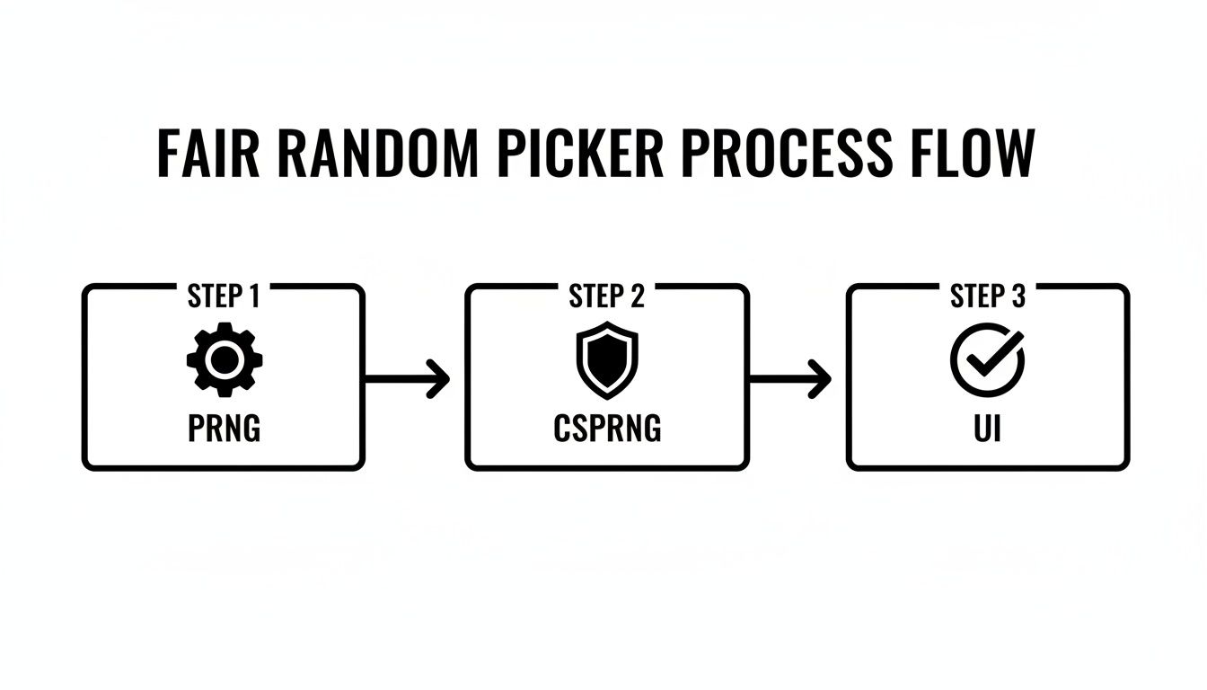 Flowchart illustrating the fair random picker process with steps for PRNG, CSPRNG, and UI.