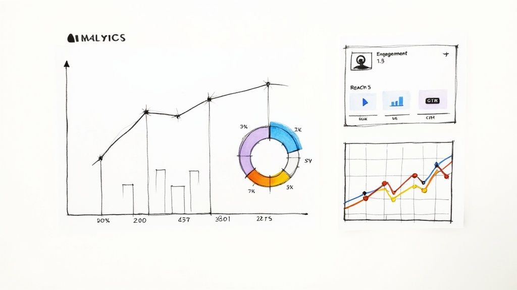 Hand-drawn sketch of social media analytics dashboards displaying engagement, reach, and various data charts.